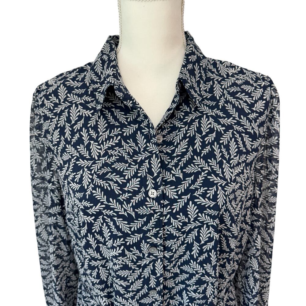 LOFT Shirt Dress Long Sleeve Navy White Leaf Print Mini Flounce Swing Size M - Picture 8 of 11